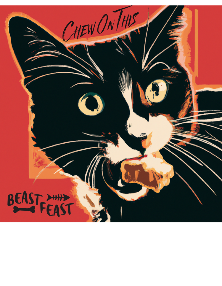Illustration of a black cat with orange accents and wide eyes, tearing into flesh. Text above reads "CHEW ON THIS" and below "BEAST FEAST". Background is in shades of red and orange.