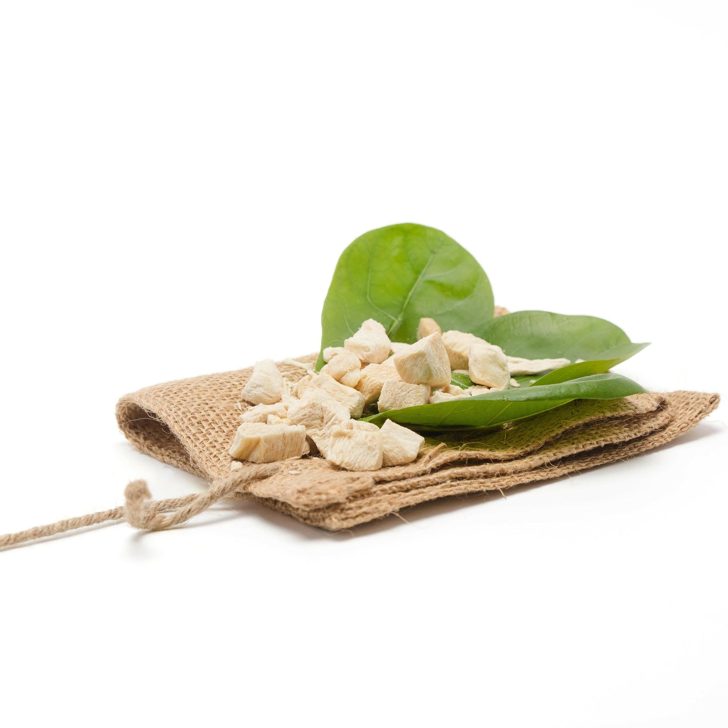 Wild Nosh Pets Freeze-Dried Chicken Breast 1oz, perfect for picky eaters, is placed on a textured burlap cloth against a white background.
