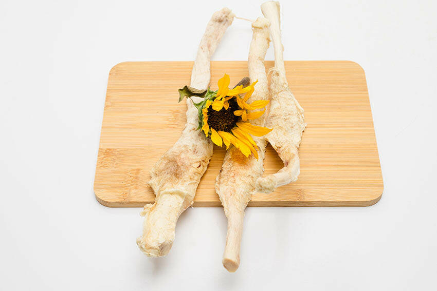 A pair of Wild Nosh Pets Freeze-Dried Bison Patellar Tendons cradle a vibrant yellow sunflower on a wooden cutting board, creating an enchanting display perfect for teething puppies.