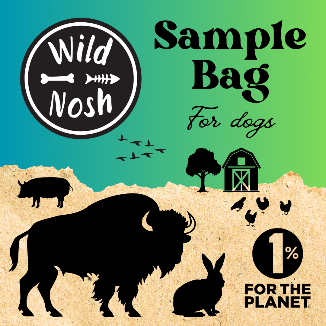The Wild Nosh Pets Custom Curated Sample Bag for Dogs offers natural treats and chews, with packaging featuring animal silhouettes, a barn, and nature elements. It also includes the "1% for the Planet" logo.