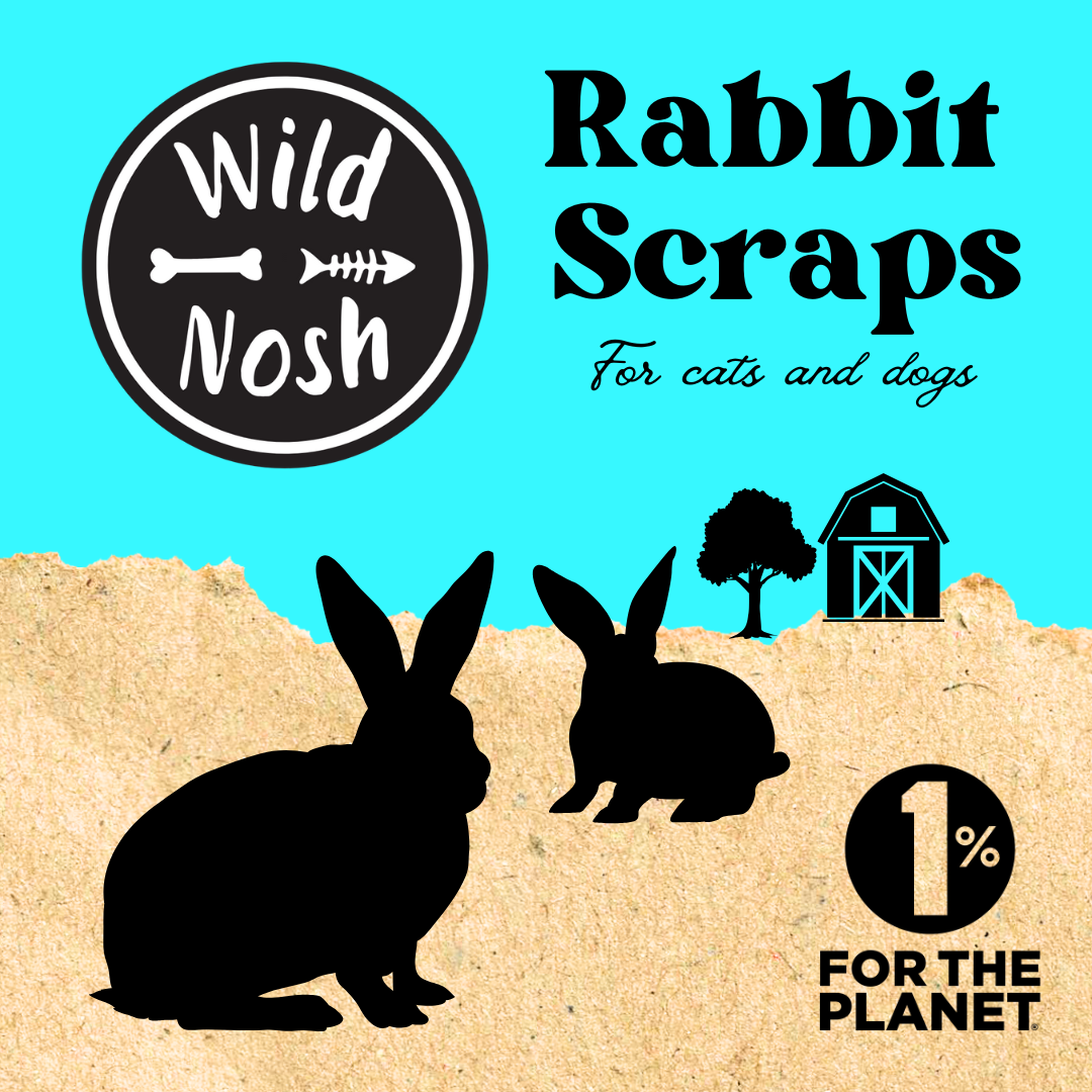 Wild Nosh Pets’ Rabbit Scraps 3 oz. packaging features two black rabbit silhouettes, a barn, and a "1% for the Planet" badge on a blue and tan background—showcasing these novel protein chews for dogs and cats.