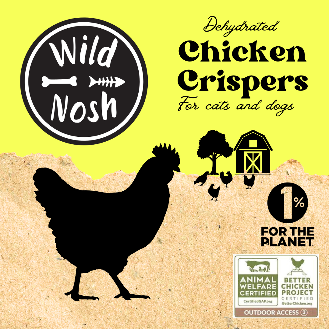 The Chicken Crispers 1 oz. by Wild Nosh Pets features packaging with a chicken silhouette, farm icons, and animal welfare certification logos like Certified Humane and Better Chicken Commitment for cats and dogs.