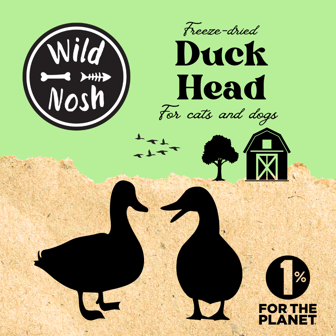 Wild Nosh Pets Freeze-Dried Duck Head label features Pitman Family Farms, duck silhouettes, a barn, tree, and 1% for the Planet logo—a nutritious treat for cats and dogs crafted with care.