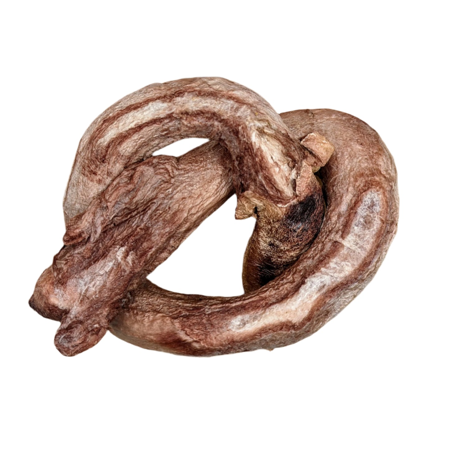 A raw piece of meat shaped into a pretzel form is placed on a wooden cutting board, resembling the natural twist of Wild Nosh Pets Freeze-dried Bison Bully Pretzel.