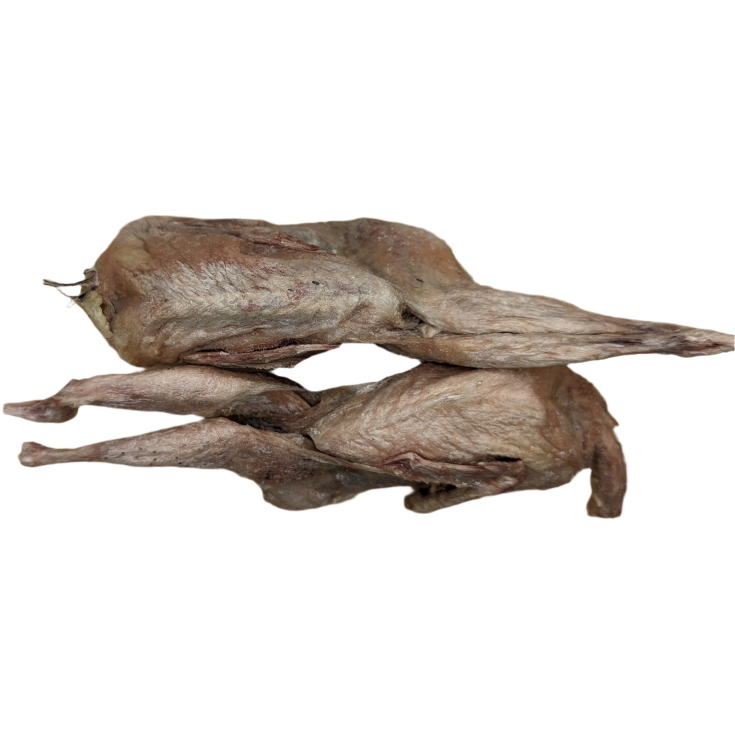 Two plucked and gutted birds, likely Wild Nosh Pets Freeze-Dried Whole Quail, are placed on a wooden cutting board.