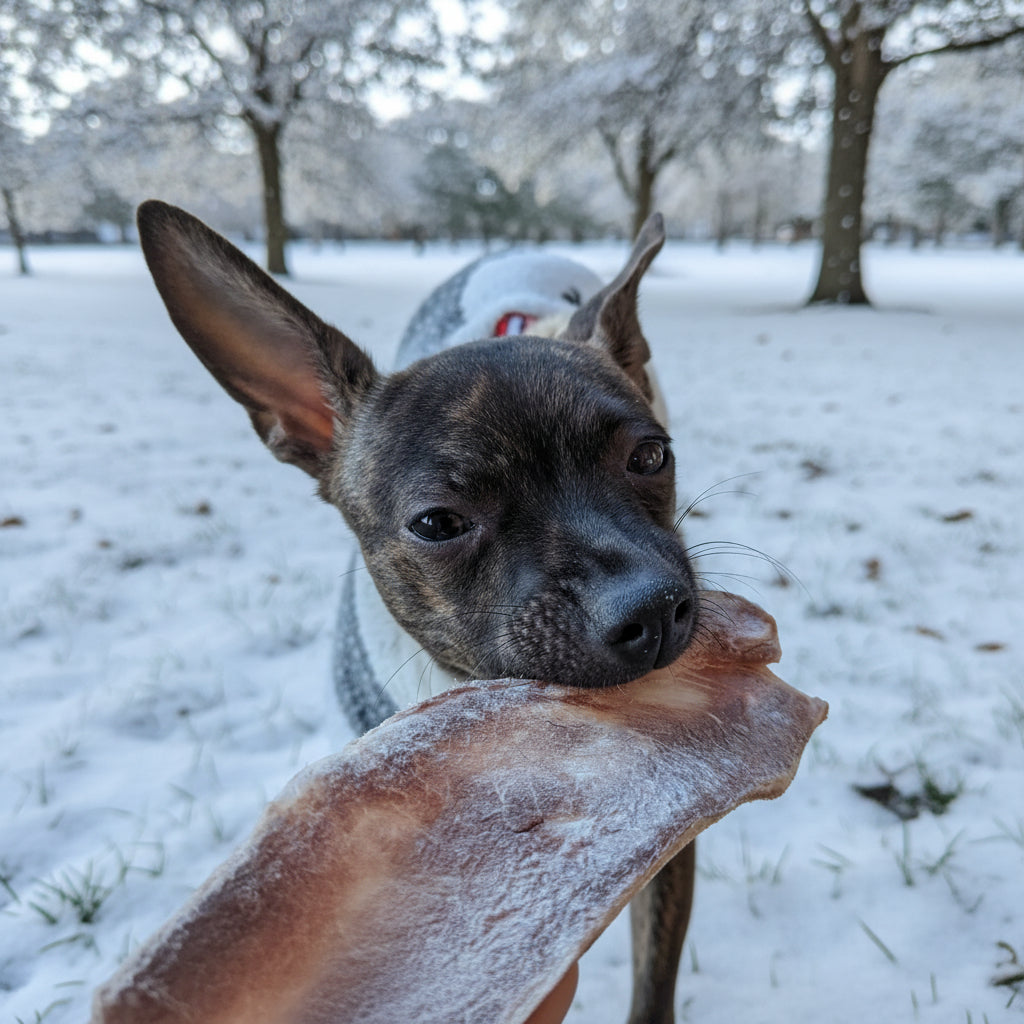A small dog in a gray sweater chews a Wild Nosh Pets Dehydrated Medium Bison Scapula on a carpeted floor near a window—ideal for dog chew sessions and teething puppies.