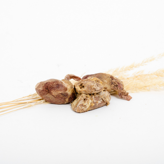 Wild Nosh Pets Freeze-Dried Duck Hearts 1 oz.—rich in taurine—are displayed atop beige dried grass, set against a plain white background.