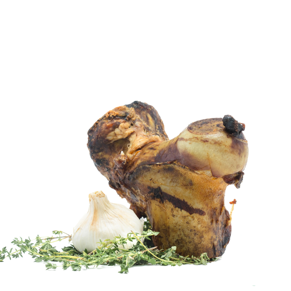 Smoked Bison Knuckle Bone from Wild Nosh Pets, accompanied by a bulb of garlic and fresh thyme on a white background, showcases the commitment to sustainable ranching.