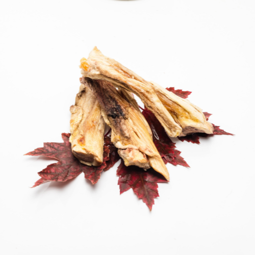 Three dried fish pieces are arranged on a surface with red maple leaves underneath, set against a white background. Ideal for senior dogs or teething puppies, these Wild Nosh Pets Freeze-Dried Bison Achilles Tendon treats bring the beauty of nature to your pet's palate.