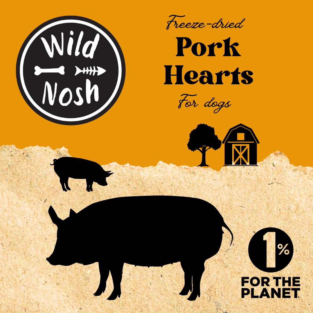 Wild Nosh Pets Freeze-Dried Pork Hearts 3 oz. for dogs are made from heritage breed pigs and come in orange and tan packaging featuring pig silhouettes, a barn, and a 1% for the Planet logo—ideal as training treats.
