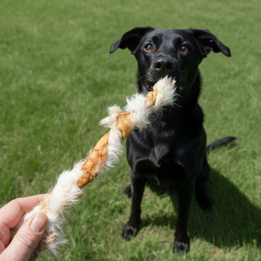 A black dog sits on green grass, looking up at a person holding a rope chew toy and Wild Nosh Pets Rabbit Twists treats.