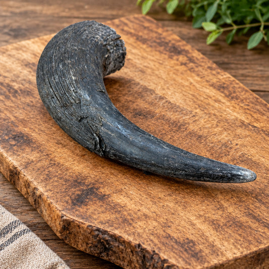 A curved, dark, textured Wild Nosh Pets Bison Horn resting on a wooden cutting board, ideal for dental health.