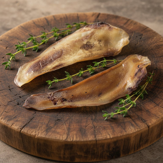 Two dried pig ears on a round wooden board, garnished with sprigs of fresh thyme—an irresistible dog chew perfect for rewarding your pup, just like Wild Nosh Pets’ popular Bison Scapula Slice.