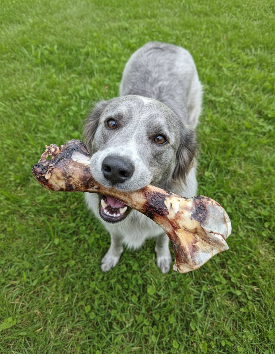 A person holds a Wild Nosh Pets Slow Roasted Bison "Dino" Bone—100% grass finished, field harvested—while a gray dog sniffs it; another dog waits in the background, eager for these limited edition treats that promote dental health.