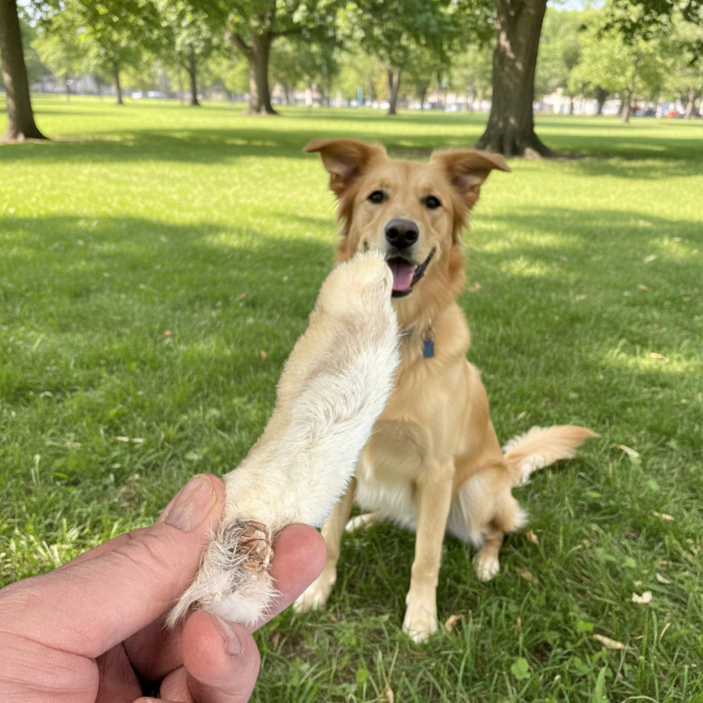 A person holds a Wild Nosh Pets Freeze-dried rabbit foot, while a golden dog sits on the grass in a park, watching the treat eagerly.