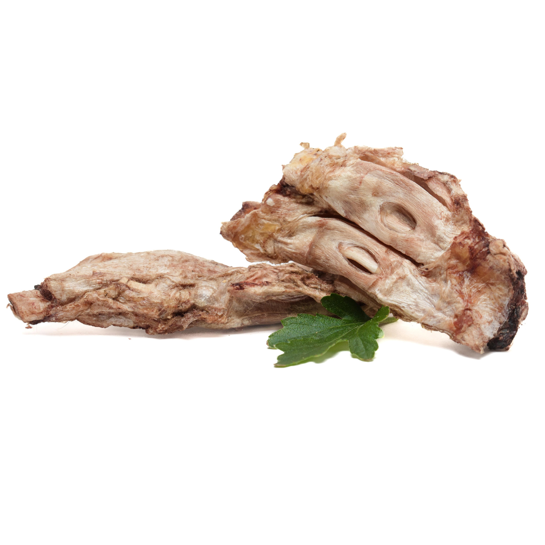 Two cooked **Freeze-Dried Bison Half Flexor Tendons** from **Wild Nosh Pets** are arranged on a white surface with a green garnish, perfect for teething puppies.