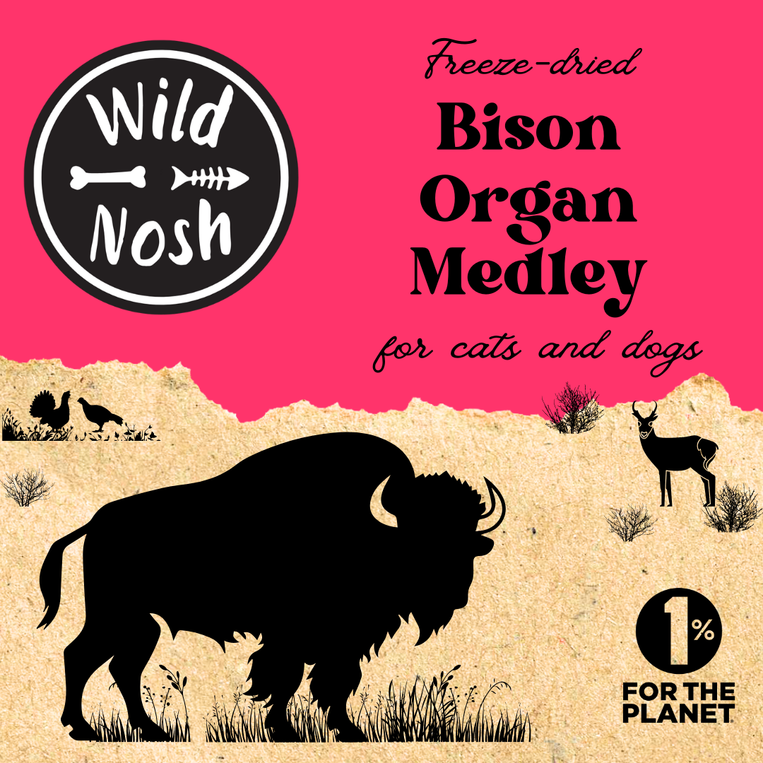 Wild Nosh Pets Freeze-Dried Bison Organ Medley 3 oz. pet treats for cats and dogs, packaged with black animal silhouettes on a pink and tan background.