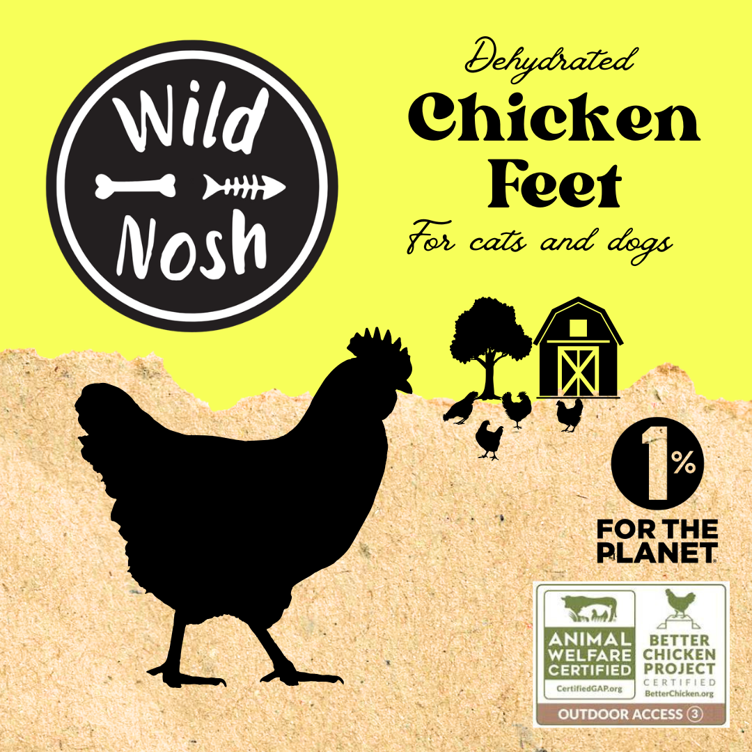 Wild Nosh Pets Dehydrated Chicken Feet for cats and dogs features a black chicken silhouette, barn illustration, and certification logos that showcase our certified humane practices and Better Chicken Commitment.