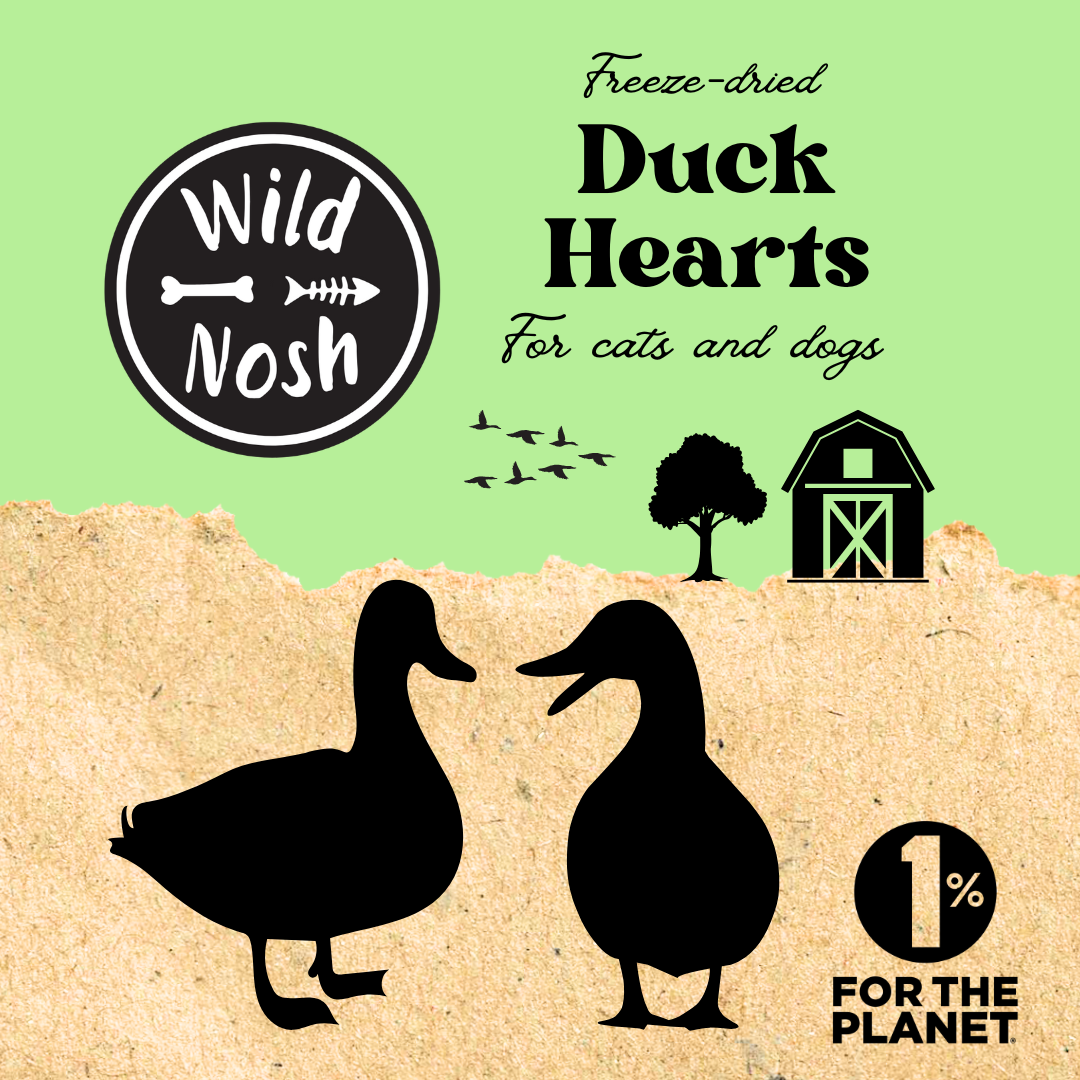 The green and brown "Wild Nosh Pets" packaging features freeze-dried duck hearts from humane ducks, with duck silhouettes, a barn, and "1% for the planet." These treats, Freeze-Dried Duck Hearts 1 oz., offer essential taurine for cats and dogs.
