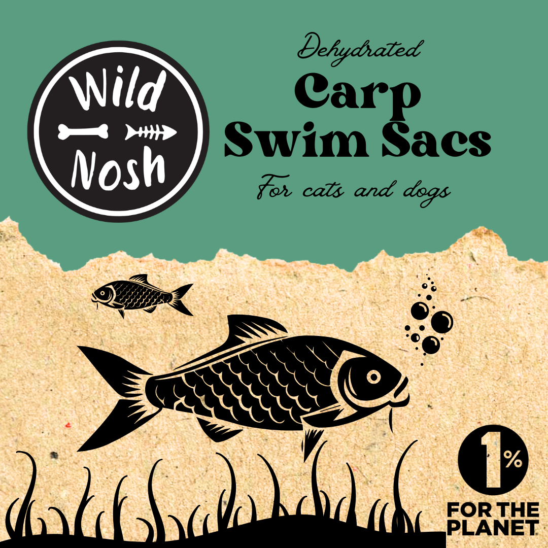 Wild Nosh Pets Carp Swim Sacs pet treats for cats and dogs, with fish illustrations, rich in Omega Fatty Acids, and featuring a "1% for the planet" logo.