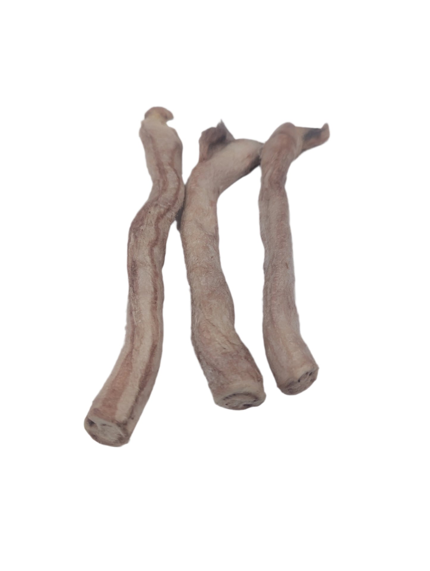 Three 10-12" freeze-dried bison bully sticks from Wild Nosh Pets with light brown and beige textures on a white background.