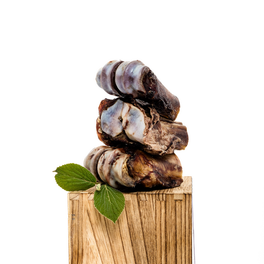 Three Wild Nosh Pets Baked Bison Half Shin Bones, ideal as durable dog chews, are stacked on a wooden block with a green leaf beside them against a white background.