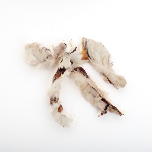 Wild Nosh Pets Rabbit Scraps 3 oz. features three pieces of rabbit fur, spread apart on a white background—an ideal novel protein chew for dogs and cats.
