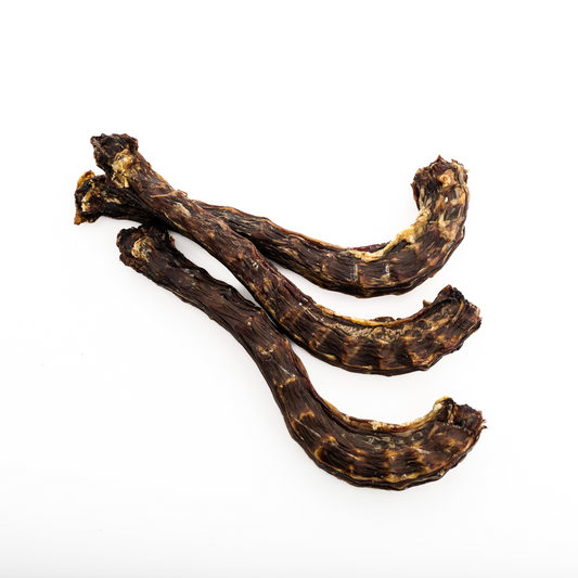 Three Dehydrated Goose Necks from Wild Nosh Pets are displayed on a white background, providing a high-protein treat naturally rich in glucosamine and chondroitin.
