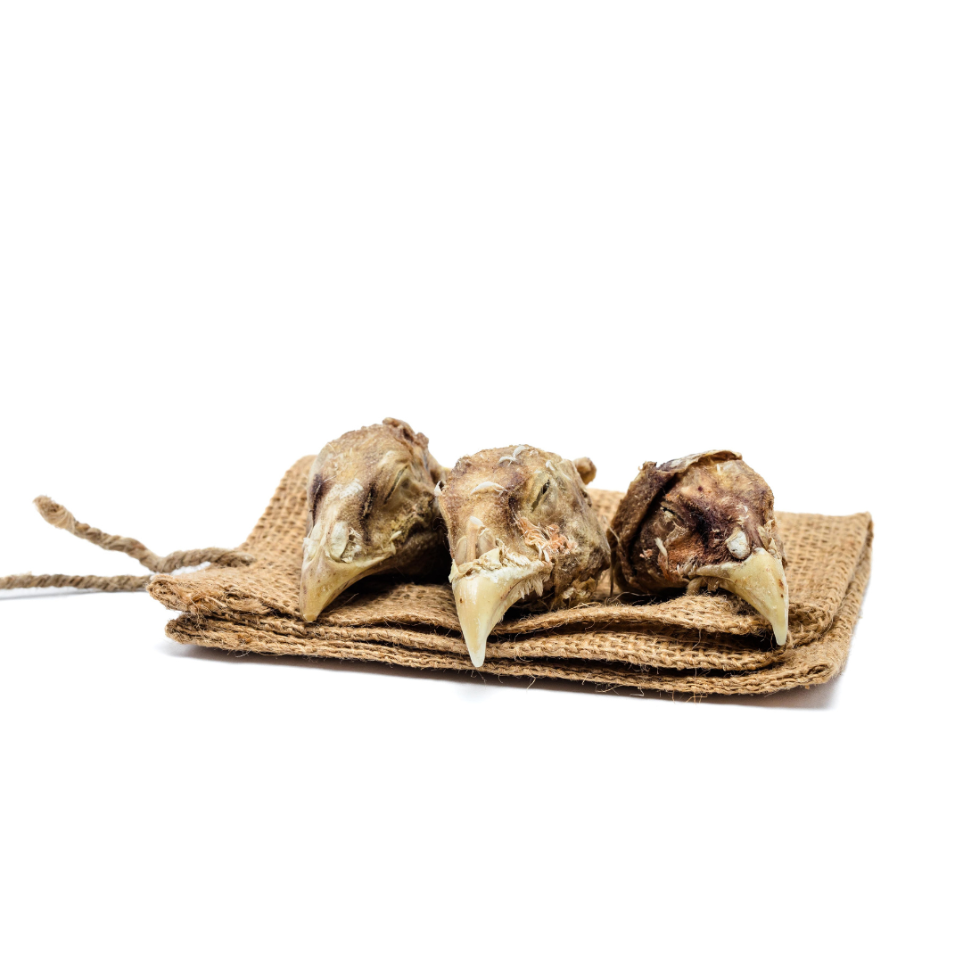 Three Wild Nosh Pets Freeze-Dried Pheasant Heads on a piece of burlap, arranged in a line against a white background.