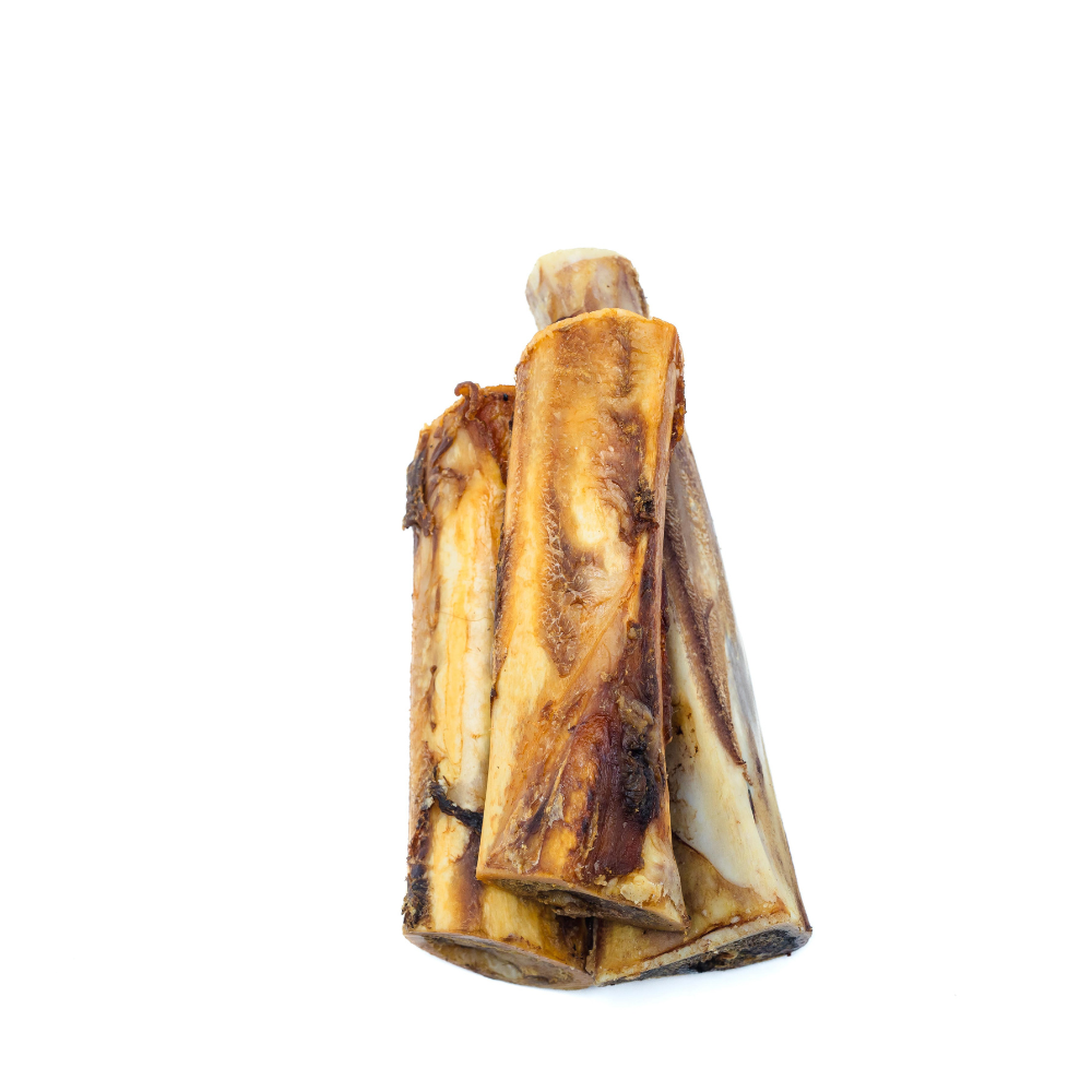 Two large Wild Nosh Pets Smoked Bison Marrow Bones stacked together on a white background, perfect for cleaning teeth and gums.