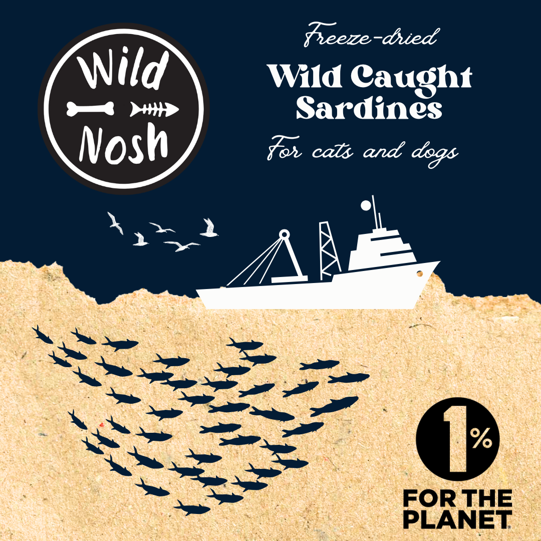 Product label for Wild Nosh Pets Freeze-Dried Sardines for cats and dogs, featuring a fishing boat, sardines high in omega-3s, and a "1% for the Planet" logo.
