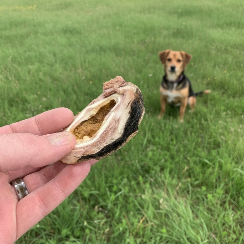 A hand holds a Wild Nosh Pets Hairy Bison Ear Bud outdoors, while a small brown and black dog sits on grass—a flavorful, protein-rich chew for pets.