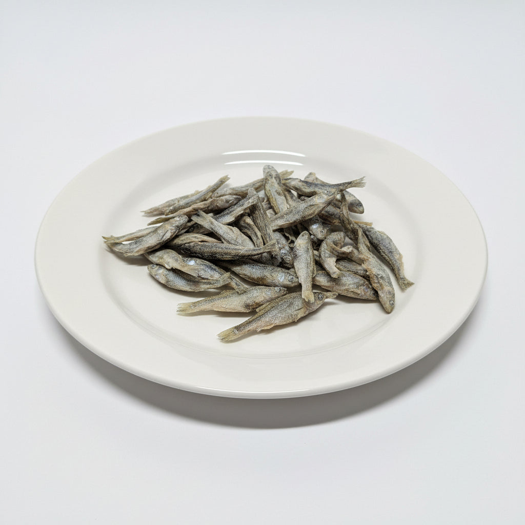 A small pile of freeze-dried minnows on a white plate. 