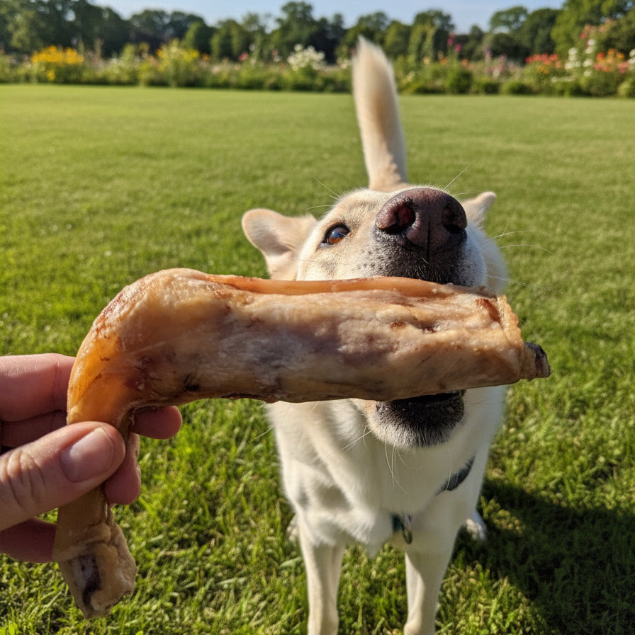 Someone holds a Wild Nosh Pets Slow Roasted Bison Tendon Knot (Limited Edition, 100% grass finished) in front of a light-colored dog standing on green grass in a park.