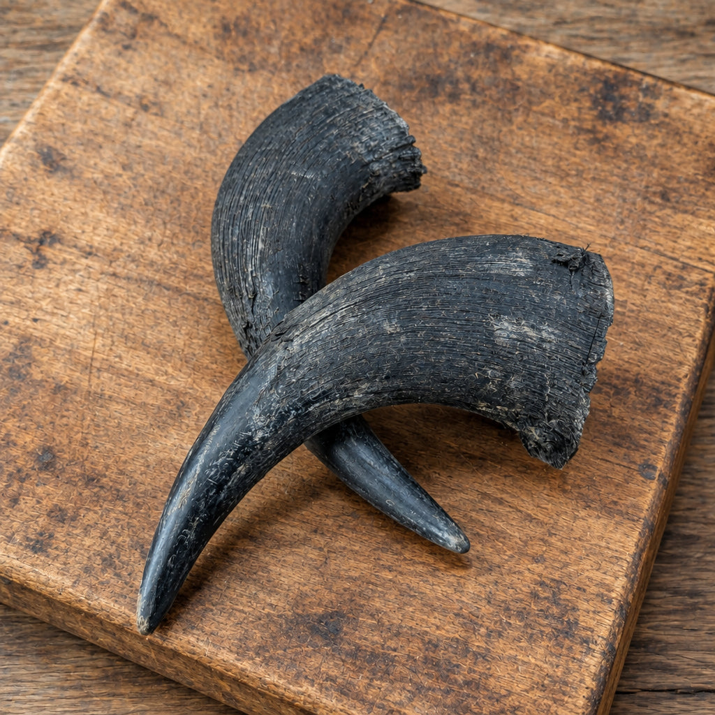 Two bison horns on a cutting board. 
