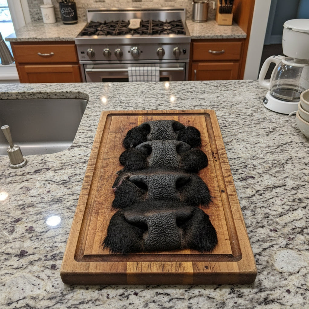 A wooden cutting board on a kitchen counter displays four large Freeze-Dried Bison Snouts from Wild Nosh Pets, realistic-looking dog chews crafted to resemble animal noses.