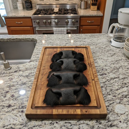 A wooden cutting board on a kitchen counter displays four large Freeze-Dried Bison Snouts from Wild Nosh Pets, realistic-looking dog chews crafted to resemble animal noses.
