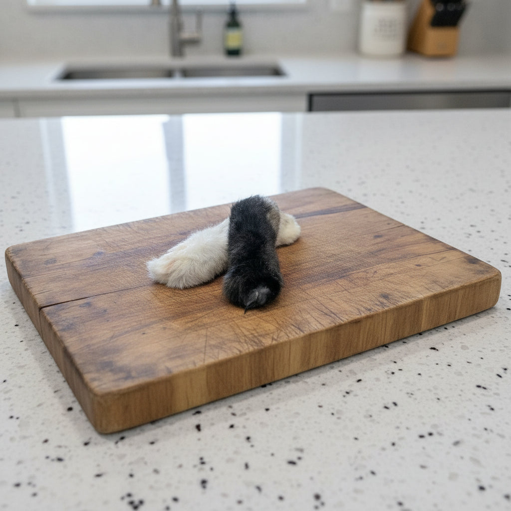 Wild Nosh Pets Freeze-dried rabbit feet—one black, one white—rest on a wooden board atop a speckled countertop, offering your dog a natural, single-ingredient protein treat and chew.