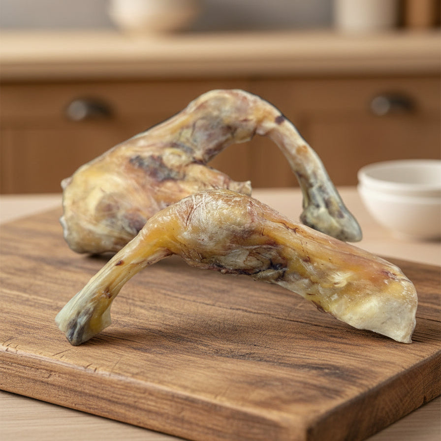 A pair of Slow Roasted Bison Tendon Knots by Wild Nosh Pets—100% grass-finished, field harvested, and ideal for dogs who love a long-lasting chew. Available in multiple sizes; perfect as a natural, limited edition treat.