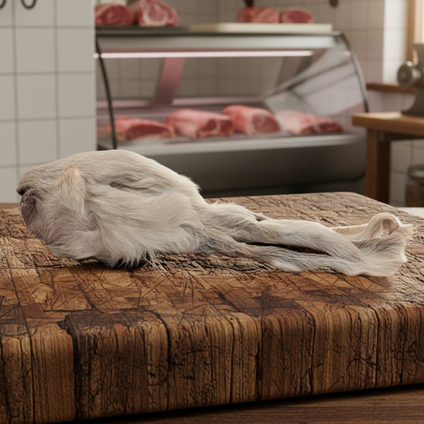 The Wild Nosh Pets Dehydrated Rabbit Head With Fur rests on a weathered butcher block, promising cats a long-lasting chew, with a meat display case in the background.