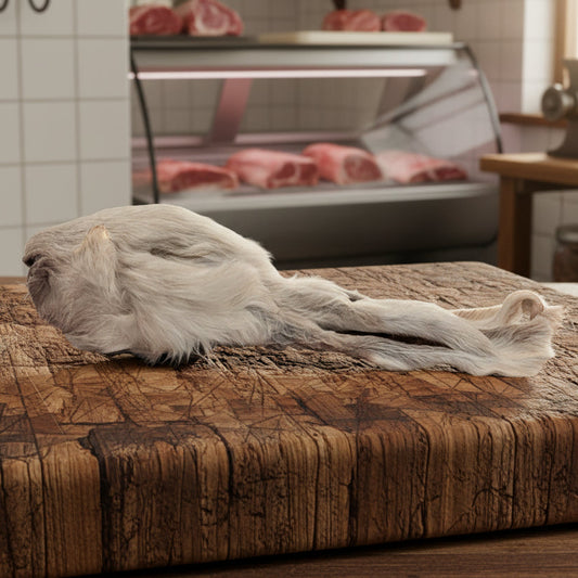 The Wild Nosh Pets Dehydrated Rabbit Head With Fur rests on a weathered butcher block, promising cats a long-lasting chew, with a meat display case in the background.