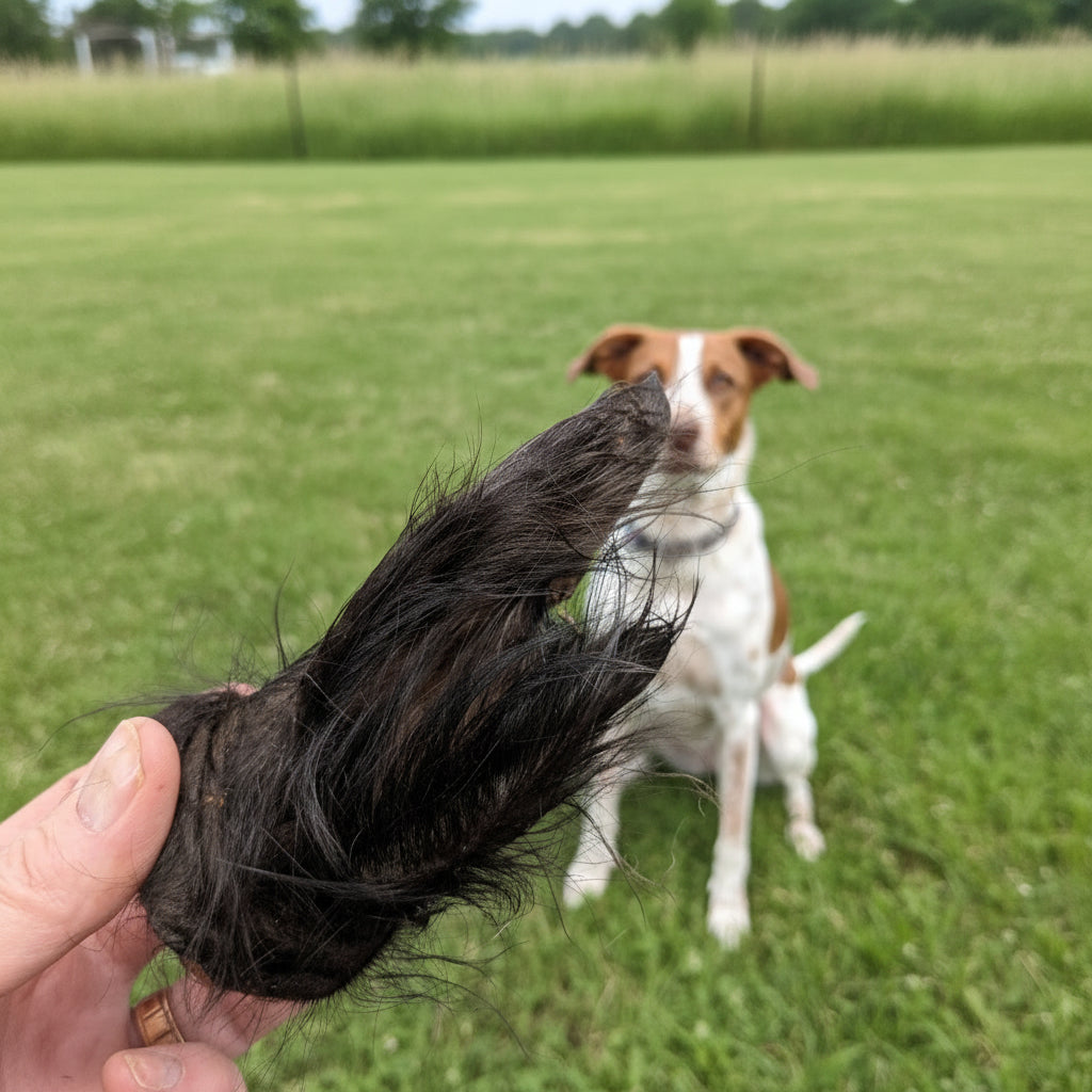 A person holds a Wild Nosh Pets Dehydrated Hairy Bison Ear, an all-natural dog chew, while a brown and white dog sits on the grass in the background.