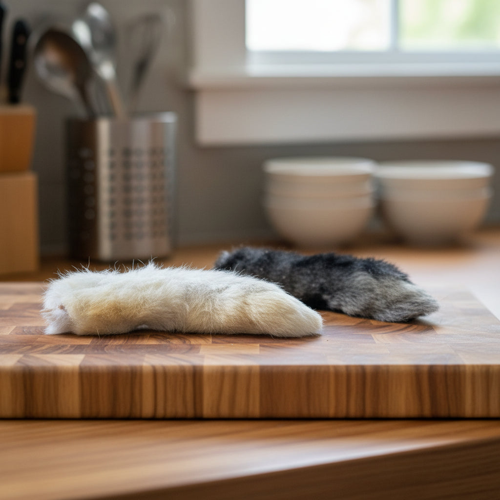 Wild Nosh Pets Freeze-dried rabbit feet are shown on a wooden cutting board in a kitchen, with bowls and utensils in the background—a natural protein dog treat.