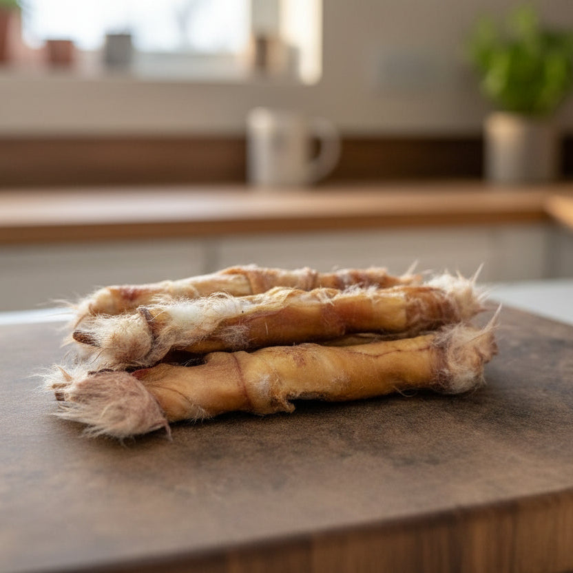 Three Wild Nosh Pets Rabbit Hide Rolls—an excellent novel protein treat for dogs with allergies—are stacked on a wooden cutting board in a cozy kitchen setting.