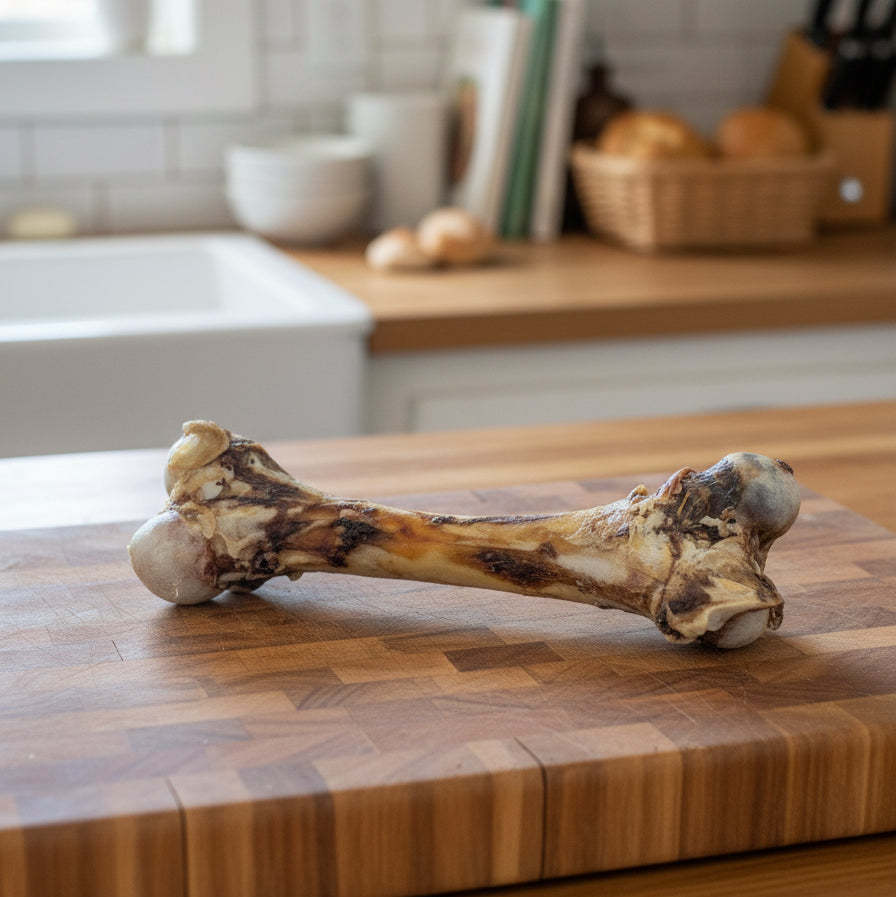 A Slow Roasted Bison "Dino" Bone by Wild Nosh Pets sits on a wooden cutting board in the kitchen—this 100% grass finished, limited edition field harvested treat is perfect for supporting your dog’s dental health.
