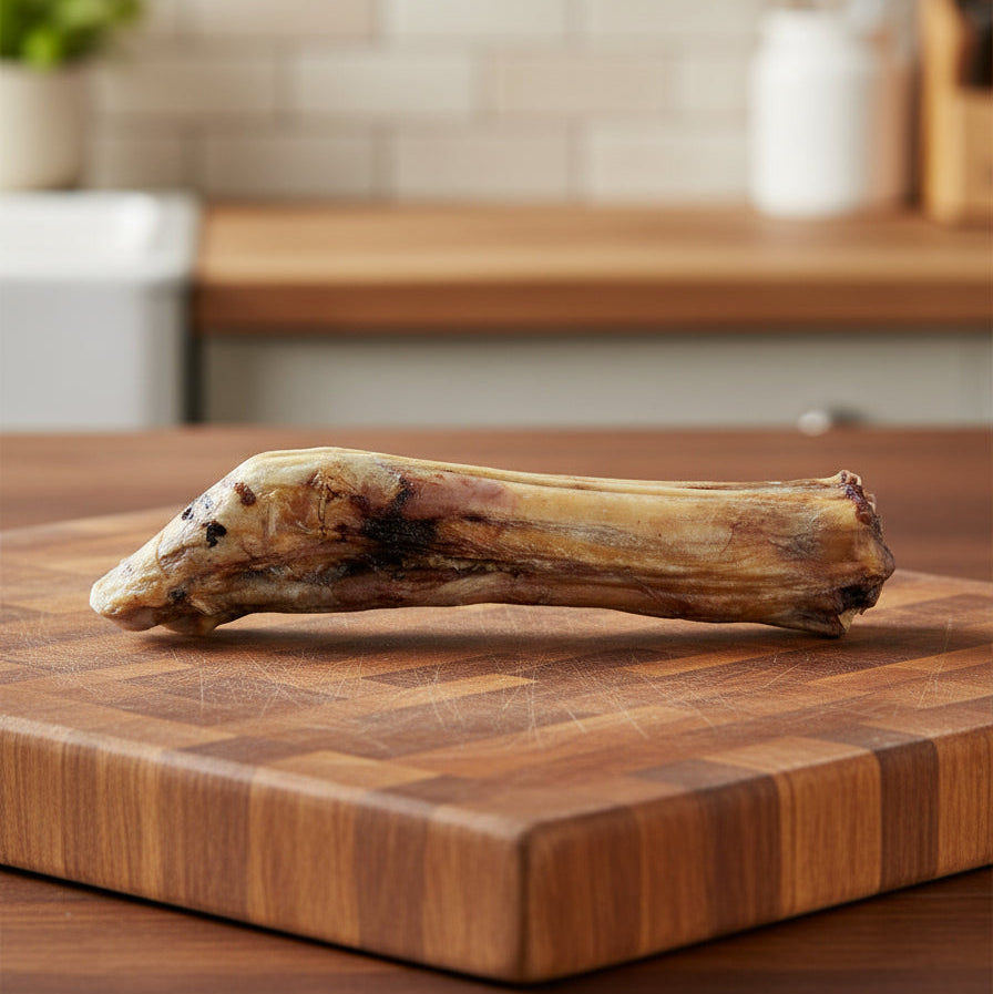 A single Wild Nosh Pets Slow Roasted Bison Trotter Bone—100% grass finished and field harvested—rests on a wooden cutting board in a kitchen, making for the perfect natural dog chew.