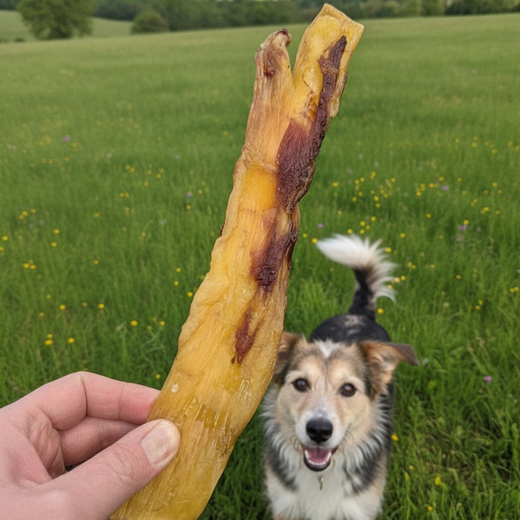 A hand holds Wild Nosh Pets’ Dehydrated Bison Backstrap—Limited Edition Field Harvested, 100% Grass Finished—dog treat as a happy dog stands in a grassy field.