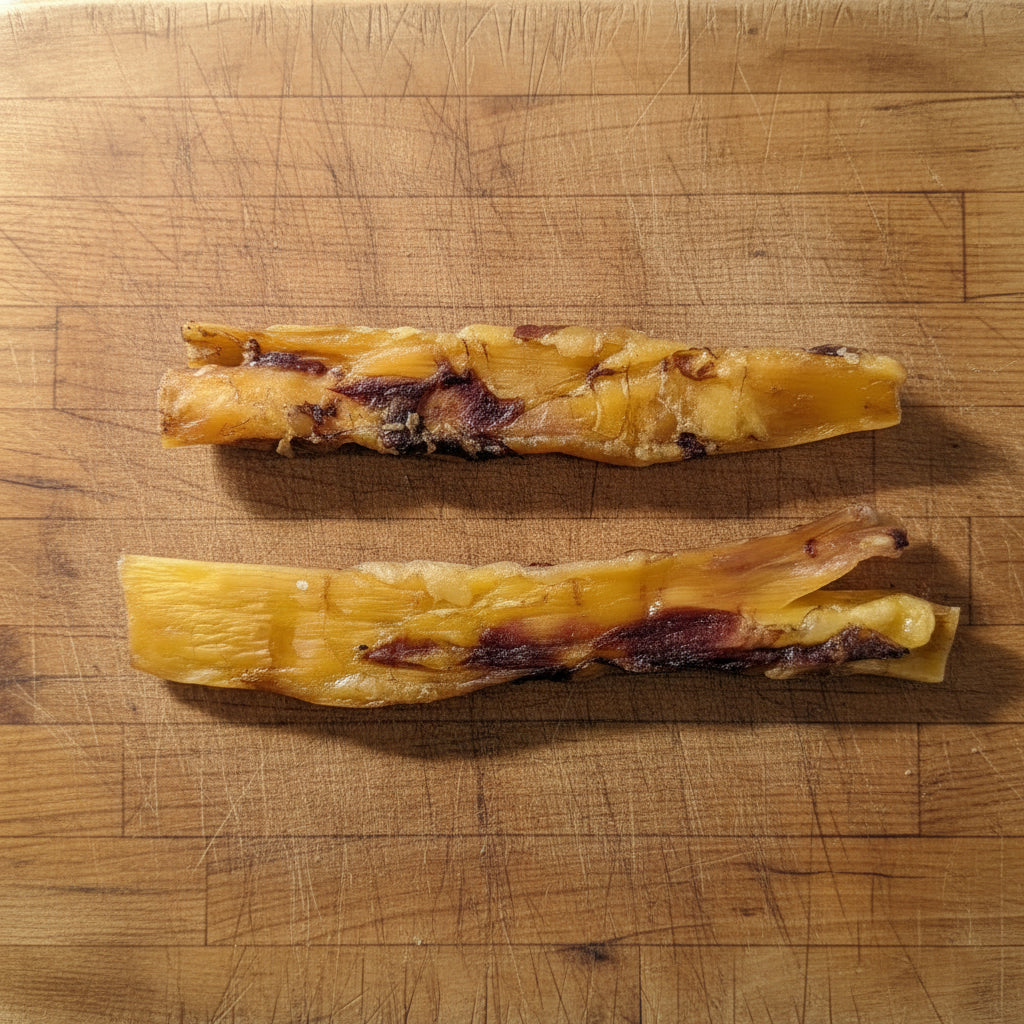 Two pieces of Dehydrated Bison Backstrap by Wild Nosh Pets rest side by side on a wooden cutting board, providing your pet with a rich, natural source of nutrients. Limited Edition, Field Harvested, and 100% Grass Finished.