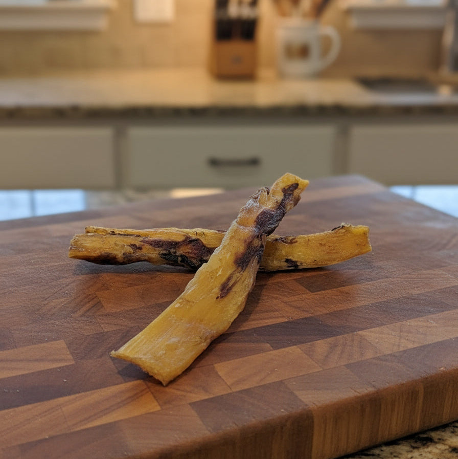 Two Dehydrated Bison Backstrap - Limited Edition Field Harvested - 100% Grass Finished chews from Wild Nosh Pets are crossed on a wooden cutting board, showcasing a premium, natural dog treat rich in glucosamine.