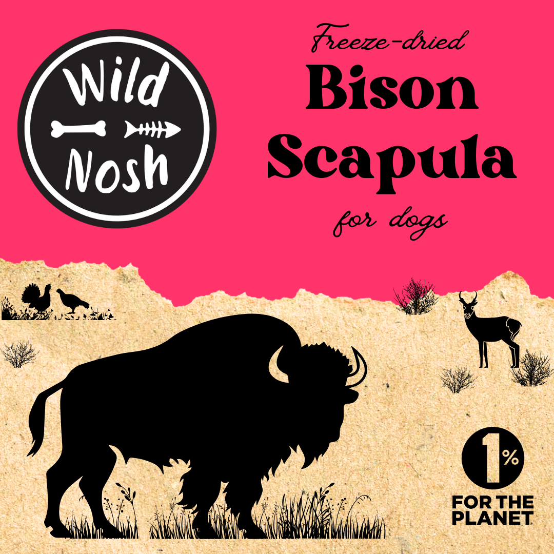 The Wild Nosh Pets Freeze-Dried Bison Scapula, perfect for teething puppies, features a bold bison silhouette and wildlife design, proudly displaying the "1% for the Planet" symbol.